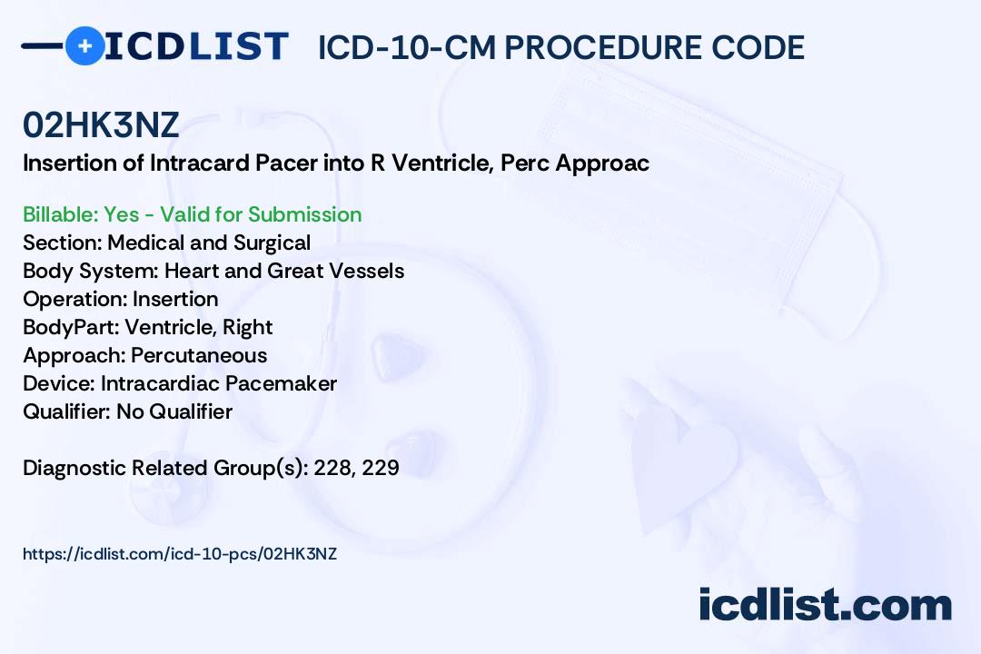 ICD10PCS Procedure Code 02HK3NZ Insertion of Intracardiac Pacemaker