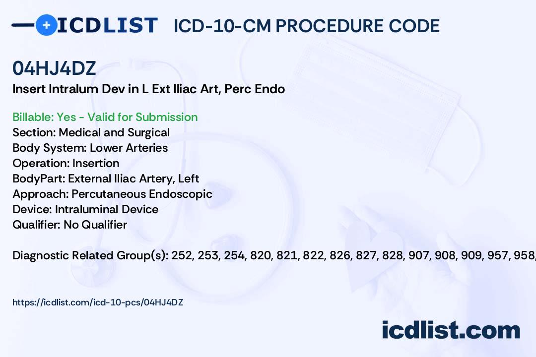 ICD10PCS Procedure Code 04HJ4DZ Insertion of Intraluminal Device