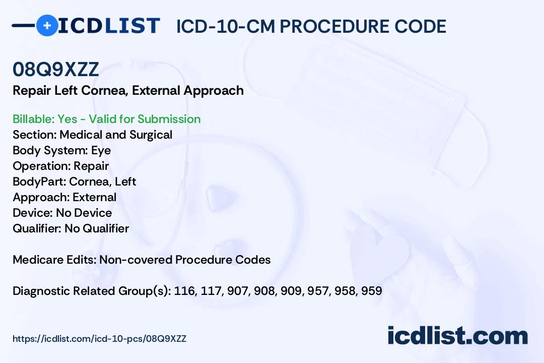 08Q9XZZ - Repair Left Cornea, External Approach - ICD-10-PCS