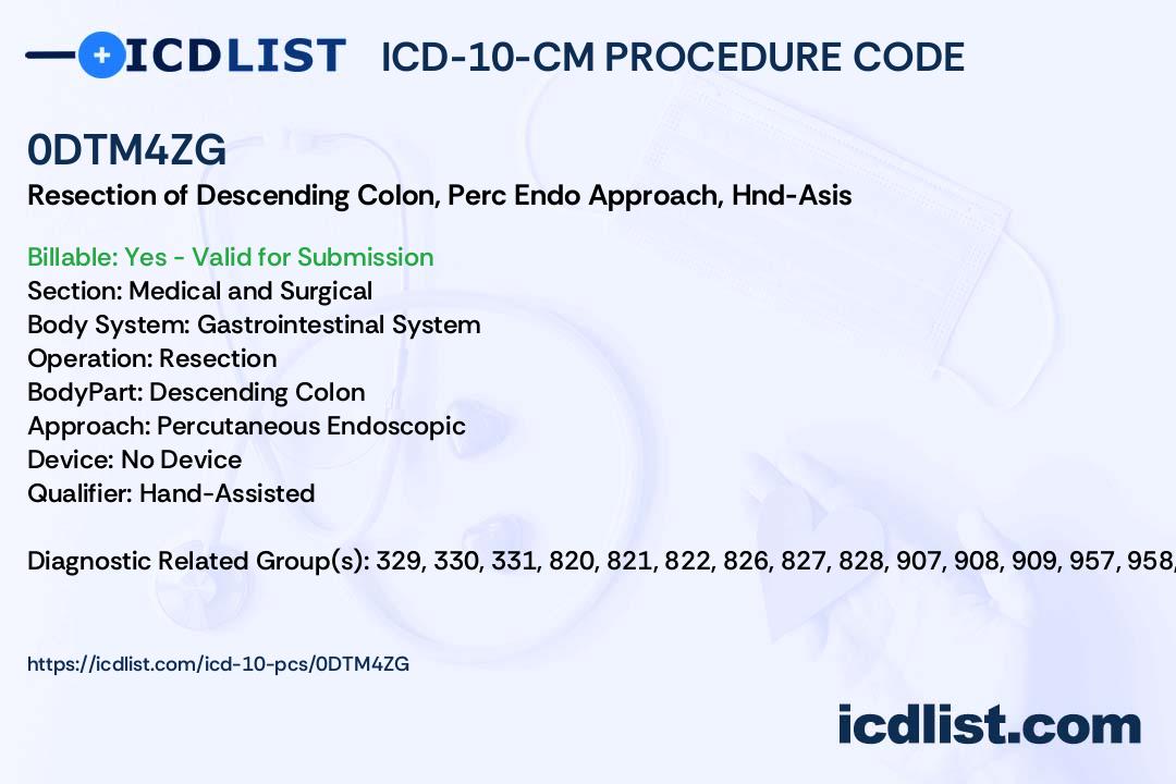ICD10PCS Procedure Code 0DTM4ZG Resection of Descending Colon, Percutaneous Endoscopic