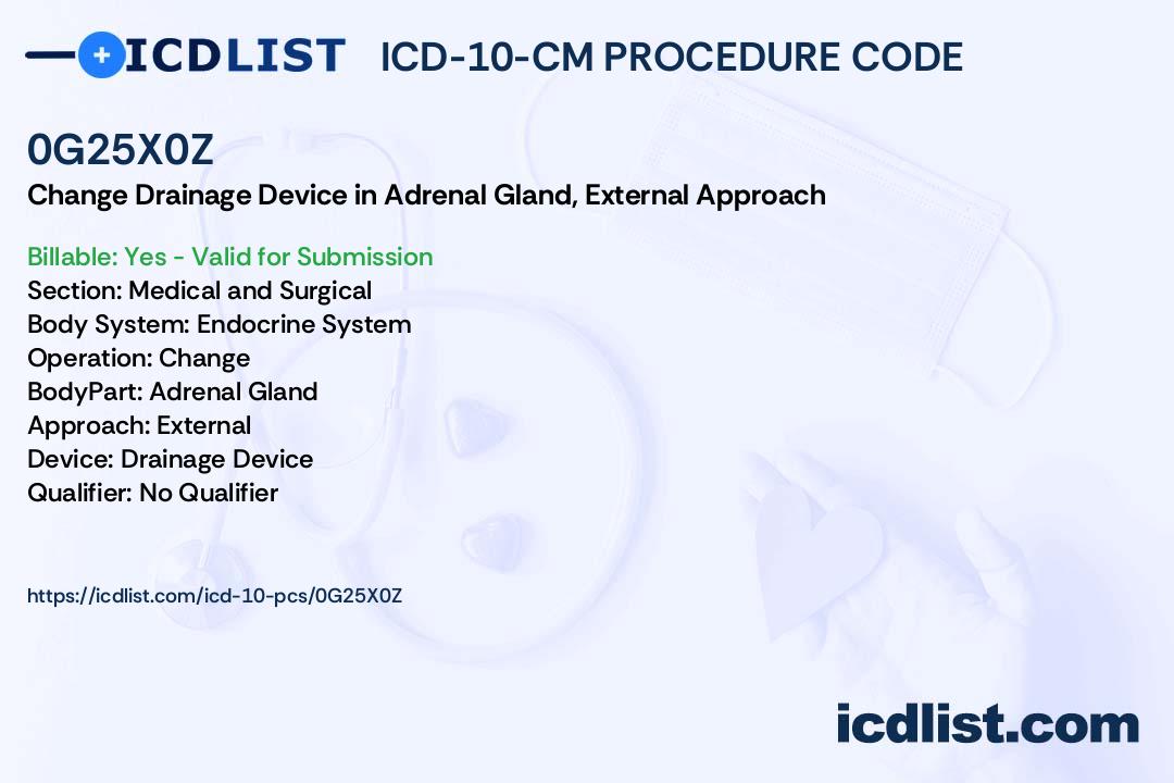 ICD10PCS Procedure Code 0G25X0Z Change Drainage Device in Adrenal Gland, External Approach