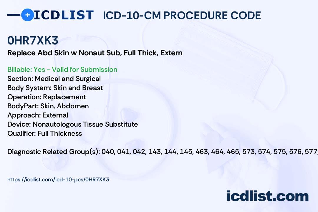 ICD-10-PCS Procedure Code 0HR7XK3 - Replacement of Abdomen Skin 