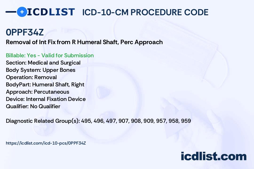 ICD10PCS Procedure Code 0PPF34Z Removal of Internal Fixation Device from Right Humeral Shaft