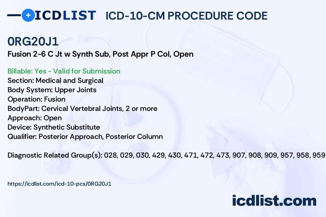 ICD10PCS Procedure Code 0RG20J1 Fusion of 2 or more Cervical Vertebral Joints with Synthetic