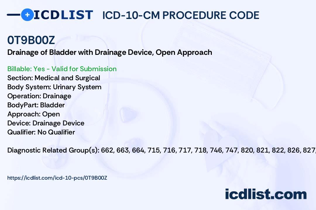 ICD10PCS Procedure Code 0T9B00Z Drainage of Bladder with Drainage