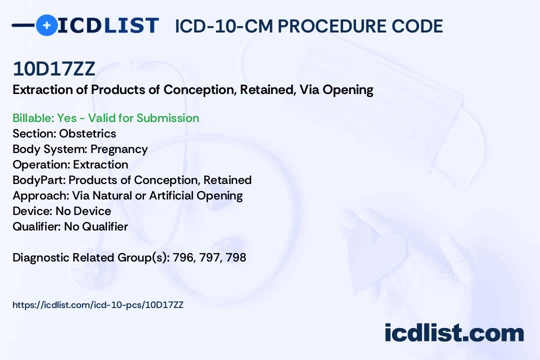 ICD10PCS Procedure Code 10D17ZZ Extraction of Products of Conception, Retained, Via Natural