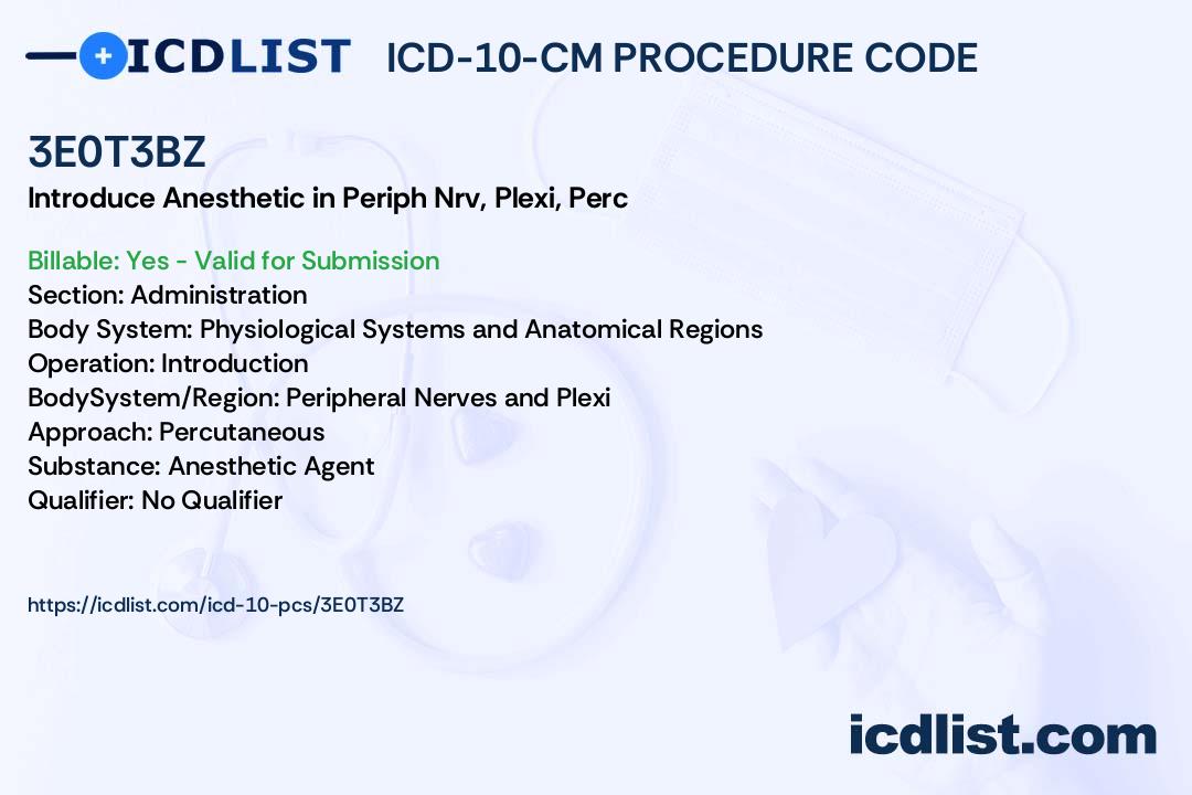 ICD10PCS Procedure Code 3E0T3BZ Introduction of Anesthetic Agent