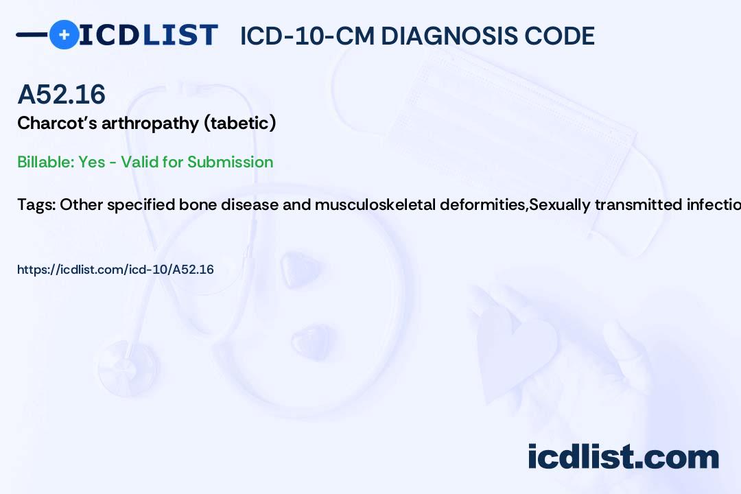 ICD10CM Diagnosis Code A52.16 Charcot's arthropathy (tabetic)