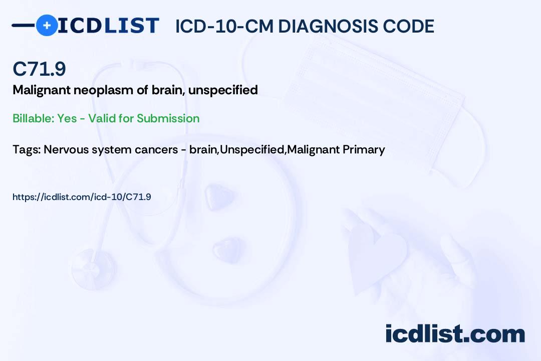 ICD-10-CM Diagnosis Code C71.9 - Malignant neoplasm of brain 