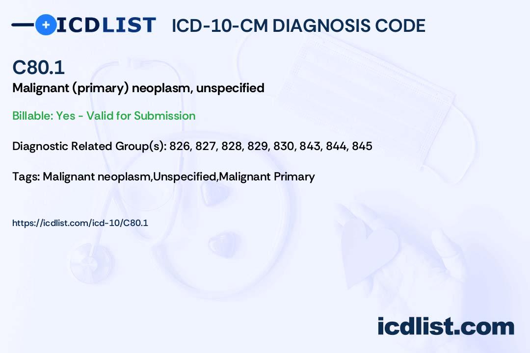 ICD-10-CM Diagnosis Code C80.1 - Malignant (primary) neoplasm 