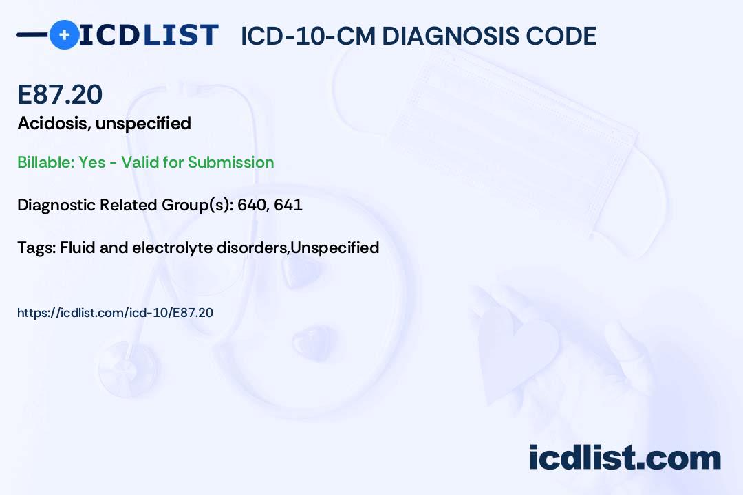 ICD 10 CM Diagnosis Code E87 20 Acidosis Unspecified ICD 10 CM Diagnosis Code E87 20 Acidosis Unspecified