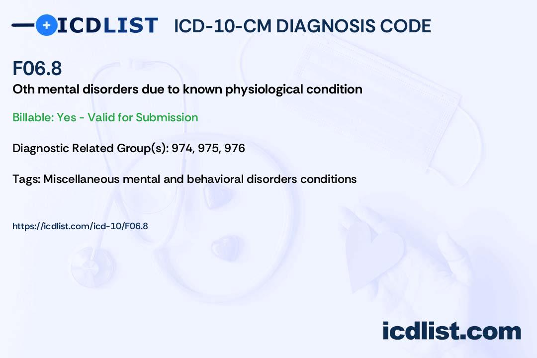 ICD10CM Diagnosis Code F06.8 Other specified mental disorders due