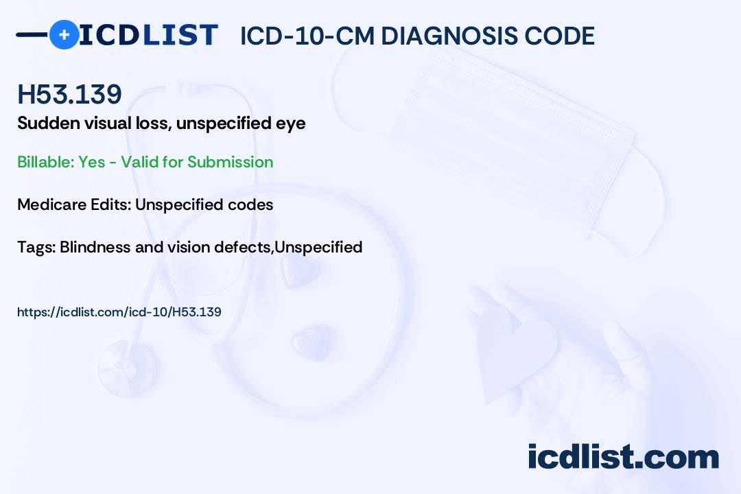 ICD-10-CM Diagnosis Code H53.139 - Sudden visual loss, unspecified eye