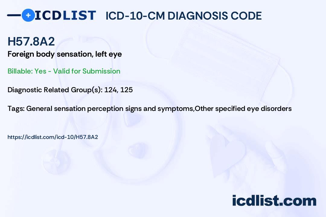 ICD-10-CM Diagnosis Code H57.8A2 - Foreign body sensation, left eye