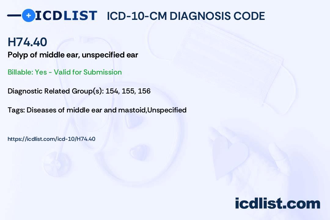 ICD10CM Diagnosis Code H74.40 Polyp of middle ear, unspecified ear