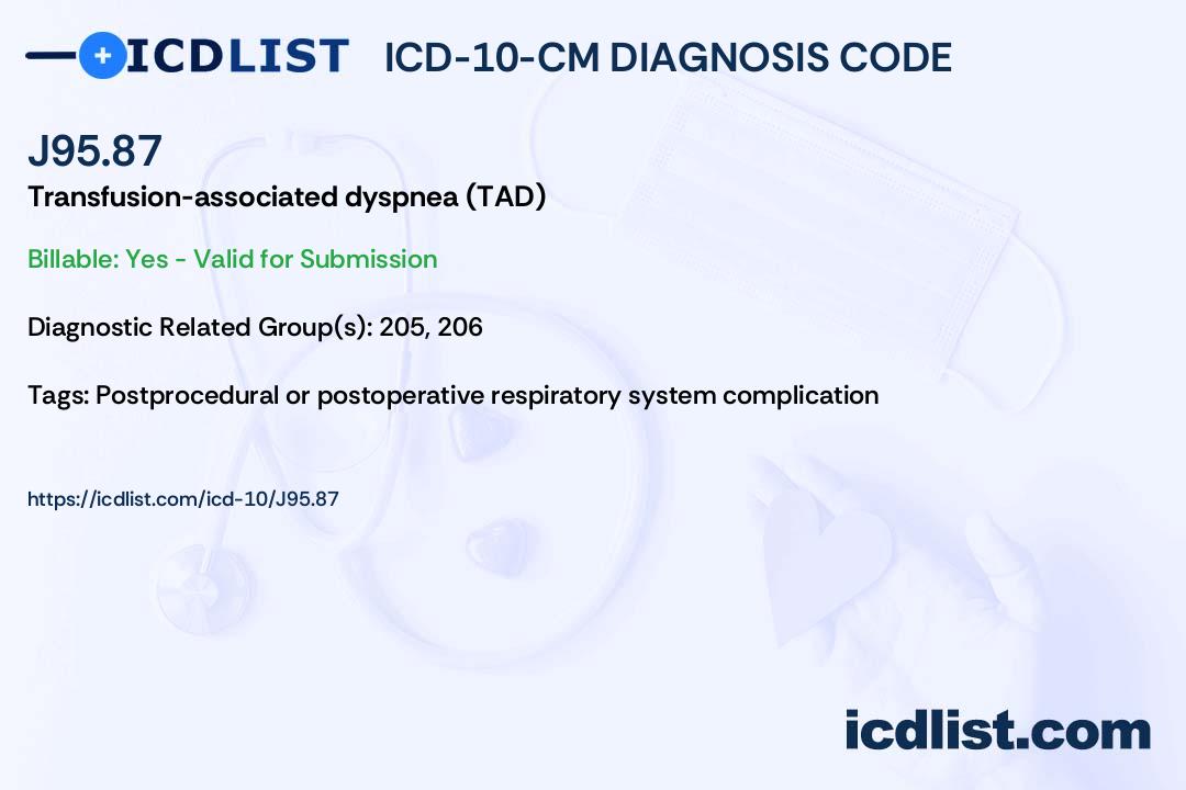 9587 Character Code ICD-10-CM Diagnosis Code J95.87 - Transfusion-associated dyspnea (TAD)