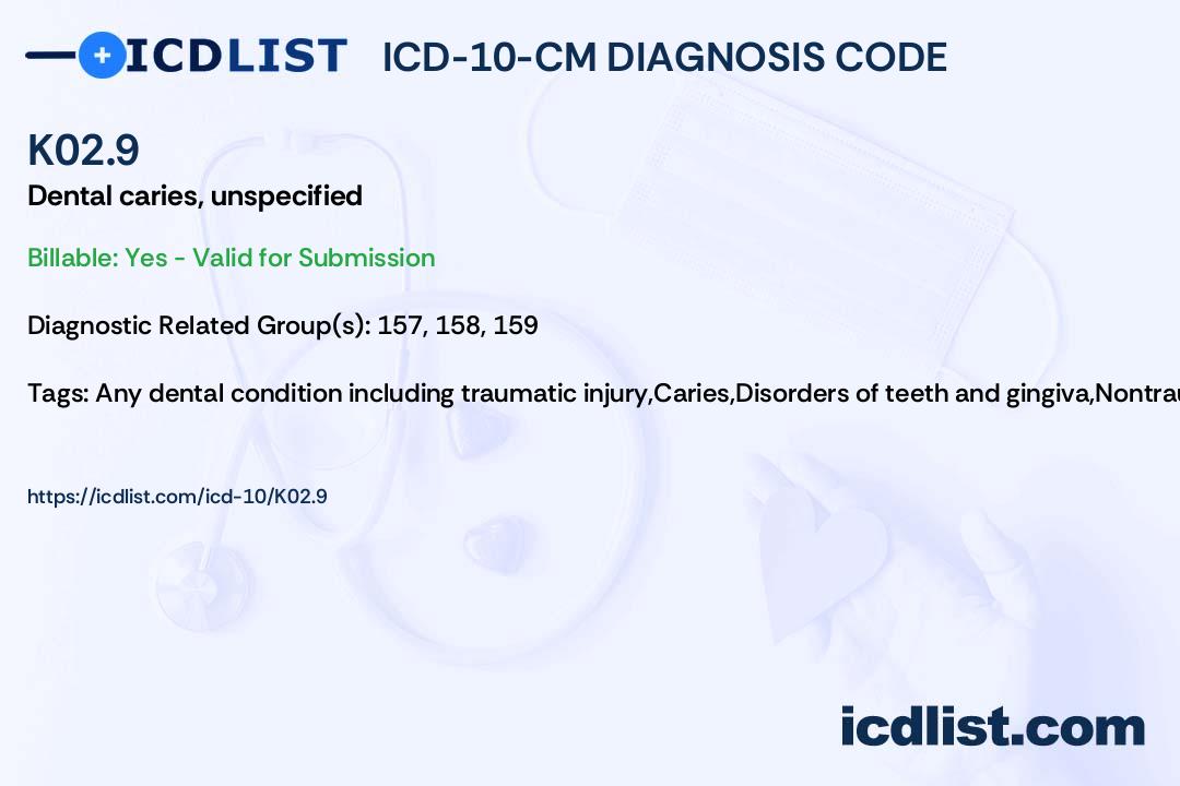 ICD10CM Diagnosis Code K02.9 Dental caries, unspecified
