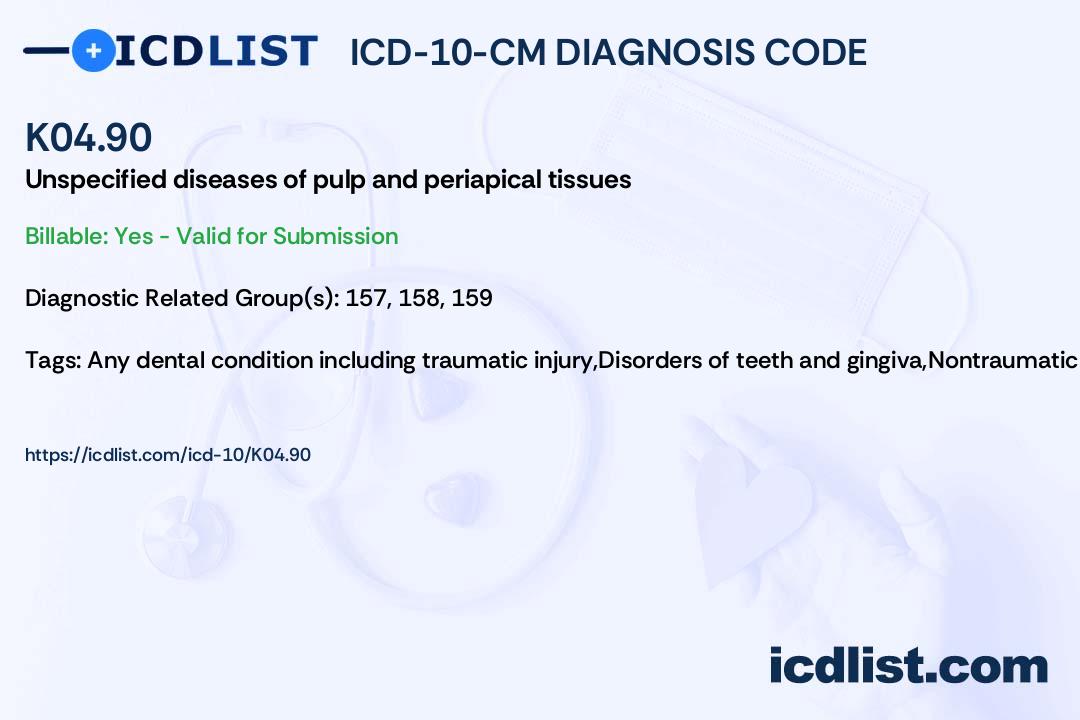 ICD10CM Diagnosis Code K04.90 Unspecified diseases of pulp and periapical tissues
