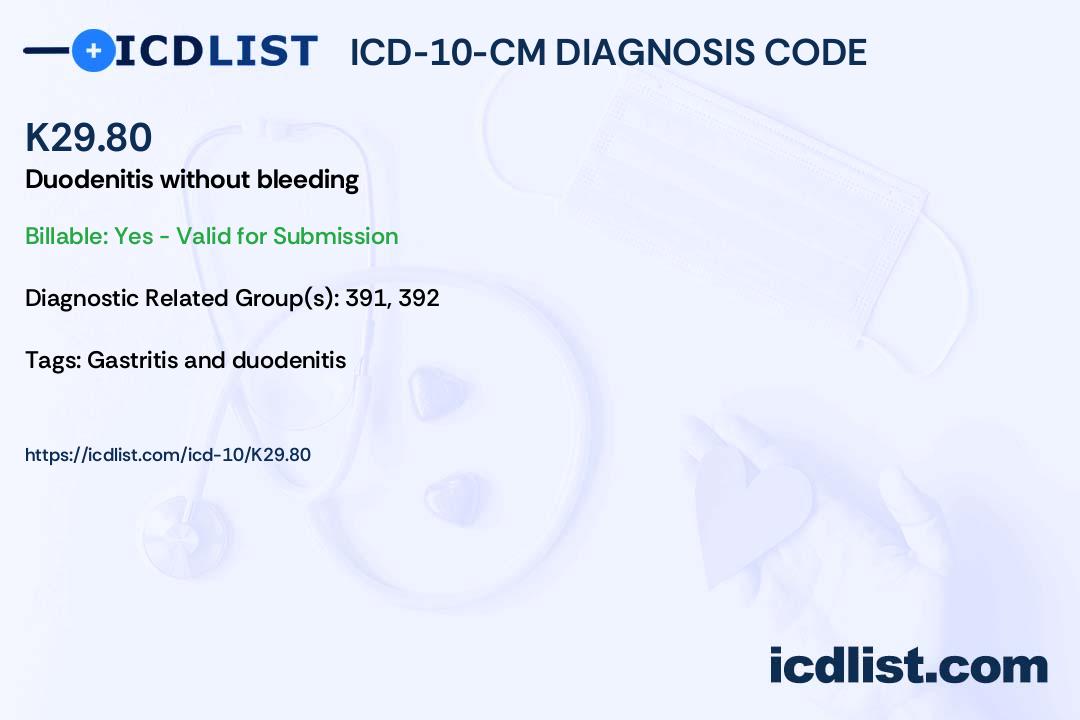 ICD-10-CM Diagnosis Code K29.80 - Duodenitis without bleeding