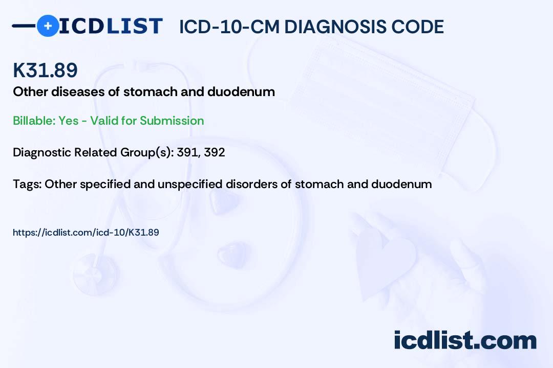 ICD10CM Diagnosis Code K31.89 Other diseases of stomach and duodenum