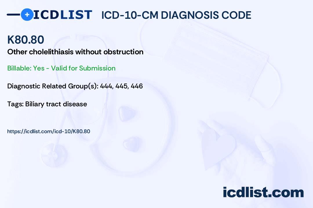 ICD10CM Diagnosis Code K80.80 Other cholelithiasis without obstruction