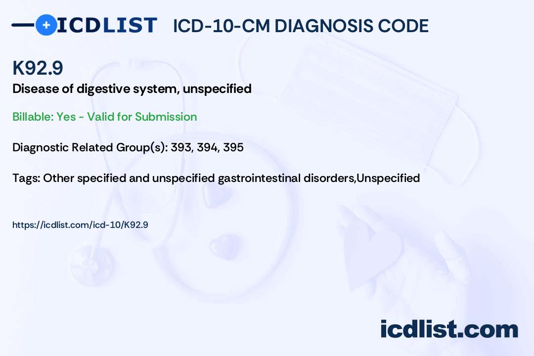 ICD10CM Diagnosis Code K92.9 Disease of digestive system, unspecified