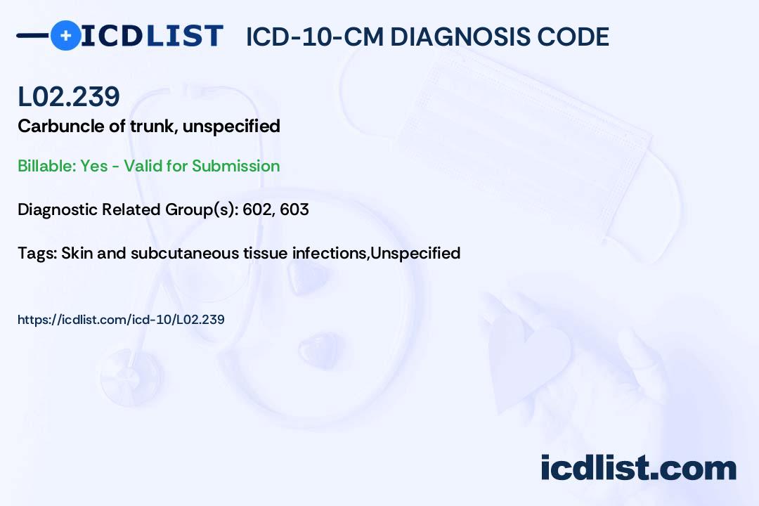 Carbuncle Unspec ICD-10-CM Diagnosis Code L02.239 - Carbuncle of trunk, unspecified