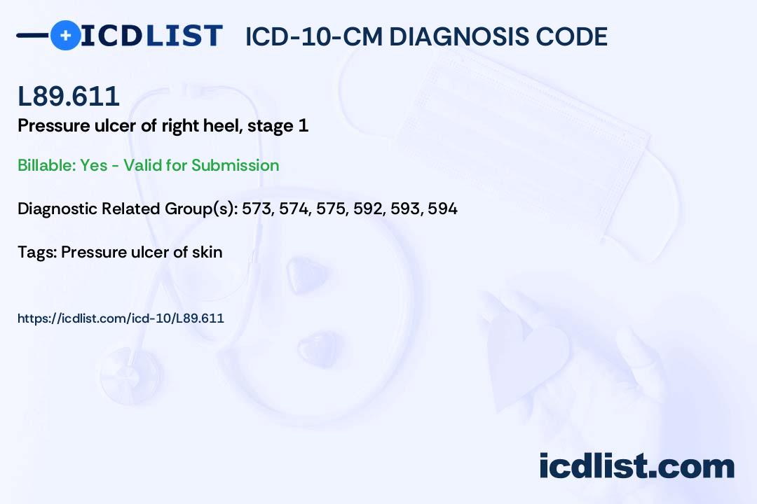 ICD10CM Diagnosis Code L89.611 Pressure ulcer of right heel, stage 1