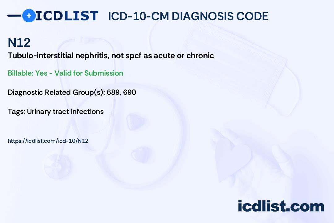 ICD10CM Diagnosis Code N12 Tubulointerstitial nephritis, not specified as acute or chronic