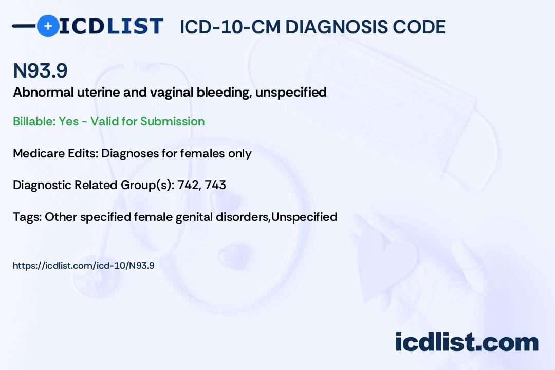 Icd 10 Cm Diagnosis Code N939 Abnormal Uterine And Vaginal Bleeding Unspecified