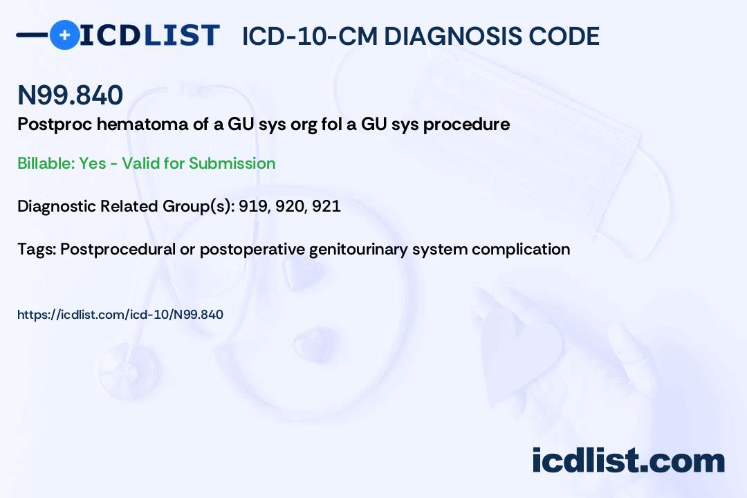 ICD10CM Diagnosis Code N99.840 Postprocedural hematoma of a