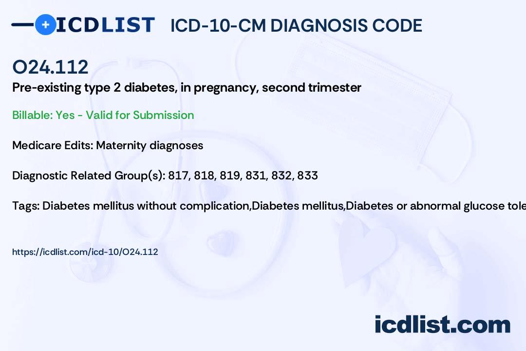 ICD10CM Diagnosis Code O24.112 Preexisting type 2 diabetes