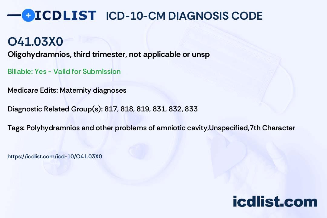 ＩＣＤ-10 WHO ICD-10-CM Diagnosis Code O41.03X0 - Oligohydramnios, third