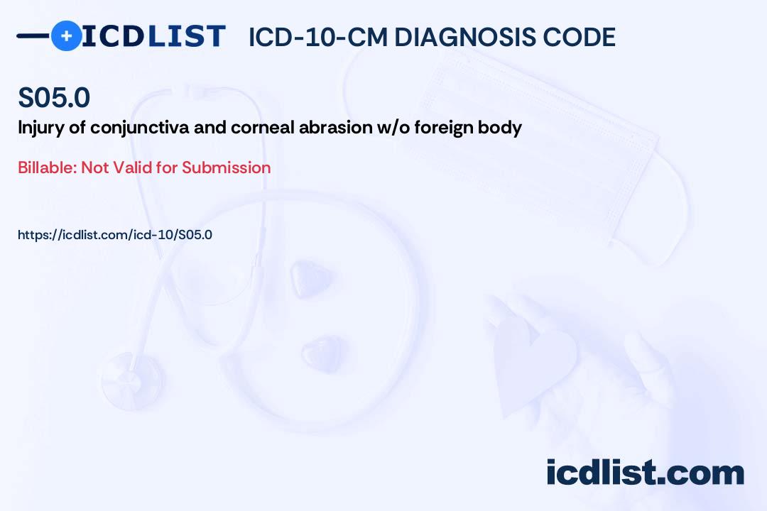 S05 Status Code ICD-10-CM Diagnosis Code S05.0 - Injury of conjunctiva and corneal ...