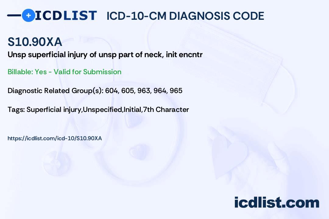 S10 Code Preprinter ICD-10-CM Diagnosis Code S10.90XA - Unspecified superficial injury of ...
