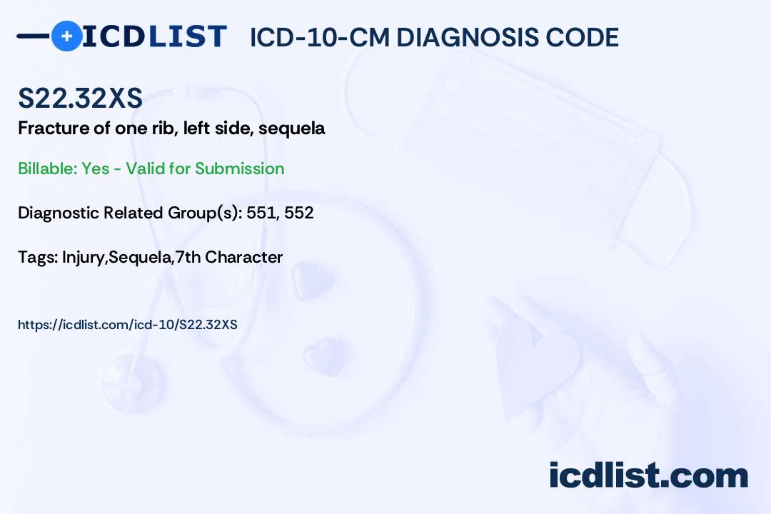 ICD10CM Diagnosis Code S22.32XS Fracture of one rib, left side, sequela