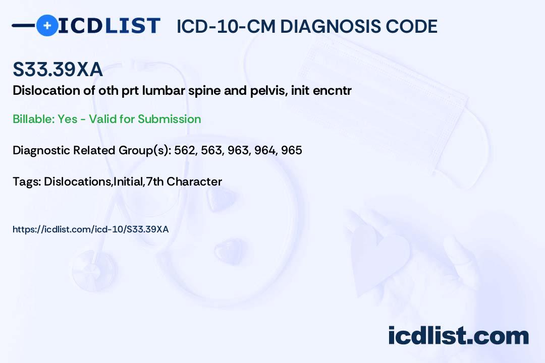 ICD10CM Diagnosis Code S33.39XA Dislocation of other parts of lumbar spine and pelvis