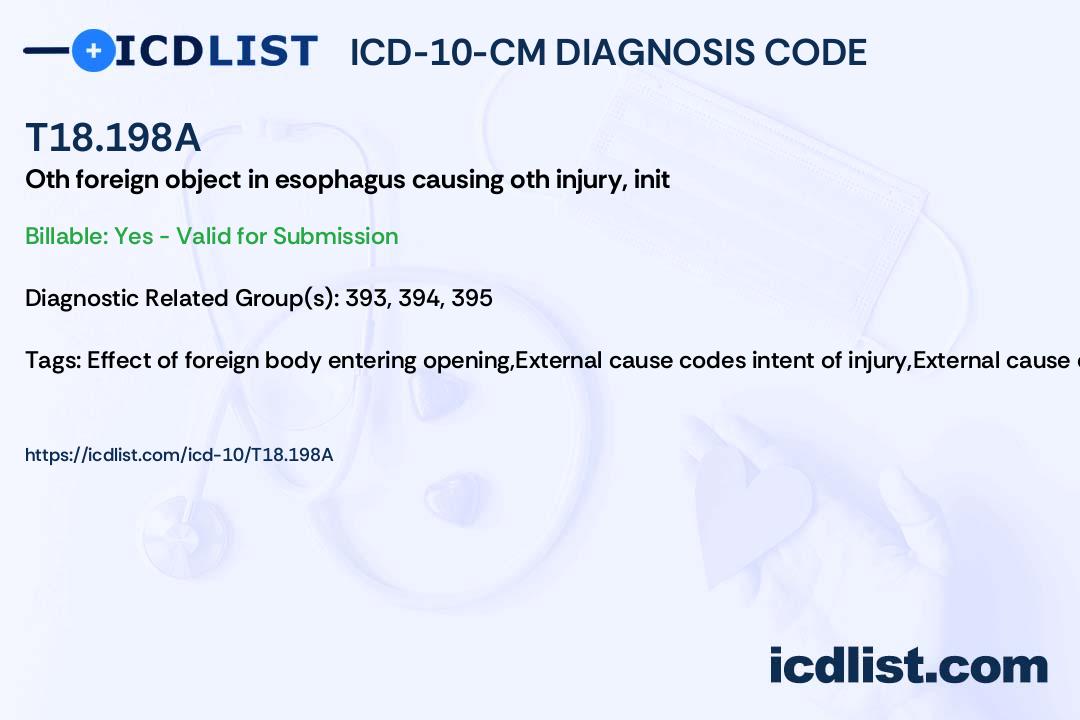 ICD10CM Diagnosis Code T18.198A Other foreign object in esophagus