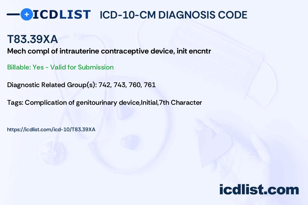 ICD10CM Diagnosis Code T83.39XA Other mechanical complication of