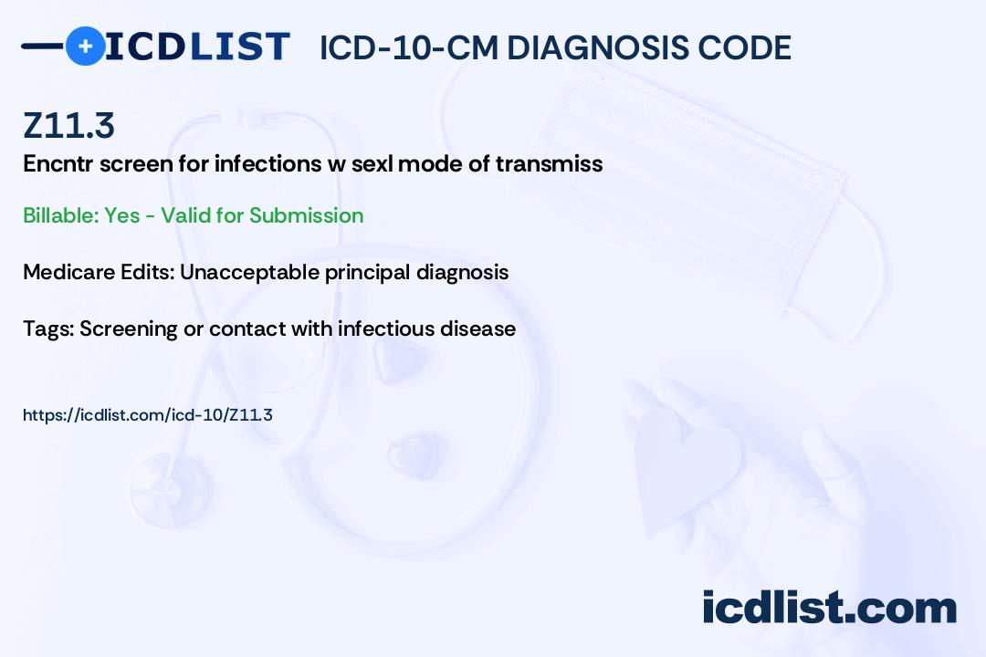 Icd 10 Cm Diagnosis Code Z11 3 Encounter For Screening For Infections With A Predominantly