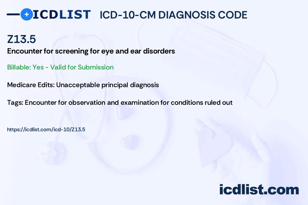 ICD 10 CM Diagnosis Code Z13 5 Encounter For Screening For Eye And ICD 10 CM Diagnosis Code Z13 5 Encounter For Screening For Eye And