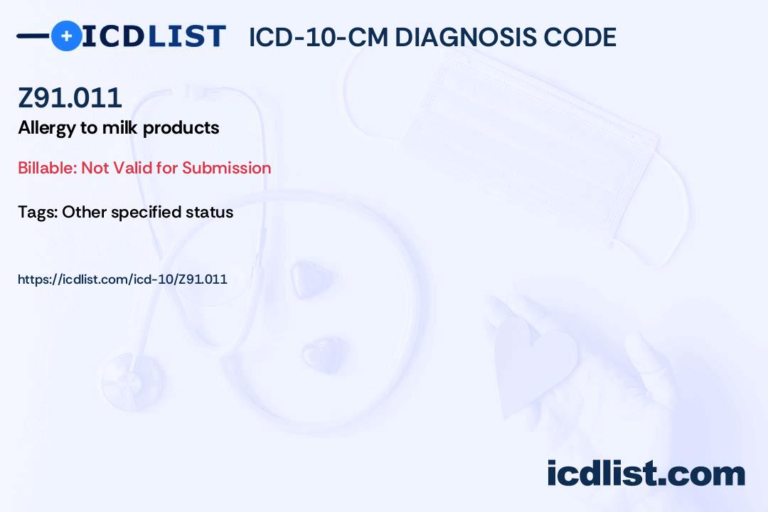 ICD10CM Diagnosis Code Z91.011 Allergy to milk products