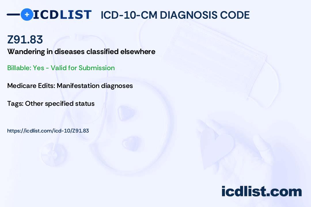 Z91.83 ICD-10-CM: Wandering in diseases classified elsewhere